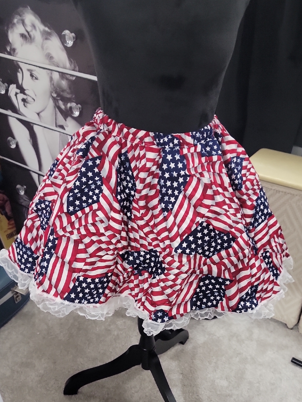 Patriotic USA Flag Print Mini Skirt with Lace Trim
